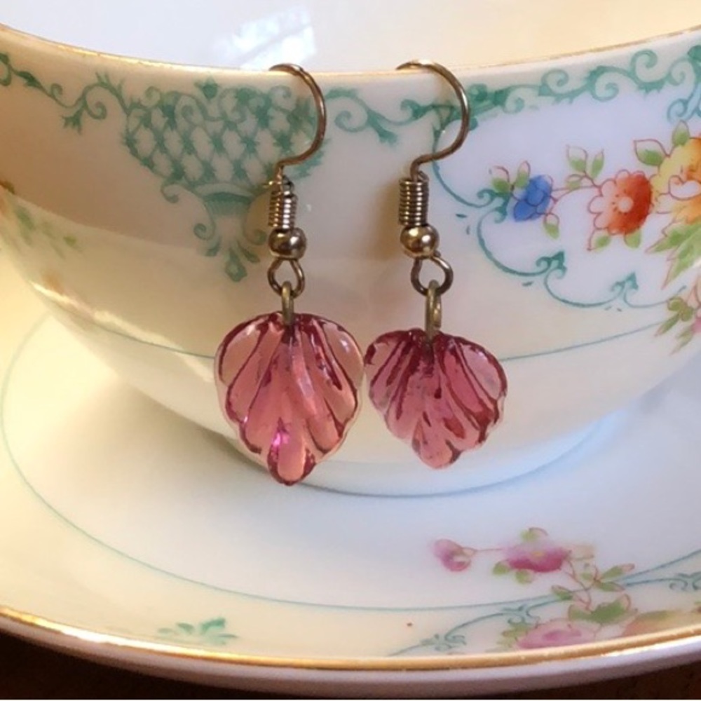 Vintage Pink Raspberry Czech Glass Leaf Earrings